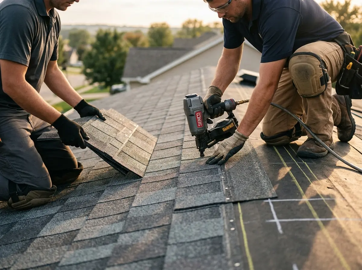 Professional roofer working on a residential roof in Las Vegas